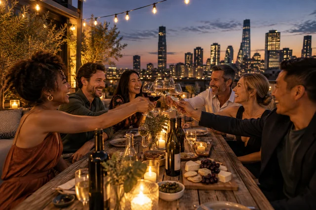 A rooftop wine tasting at dusk