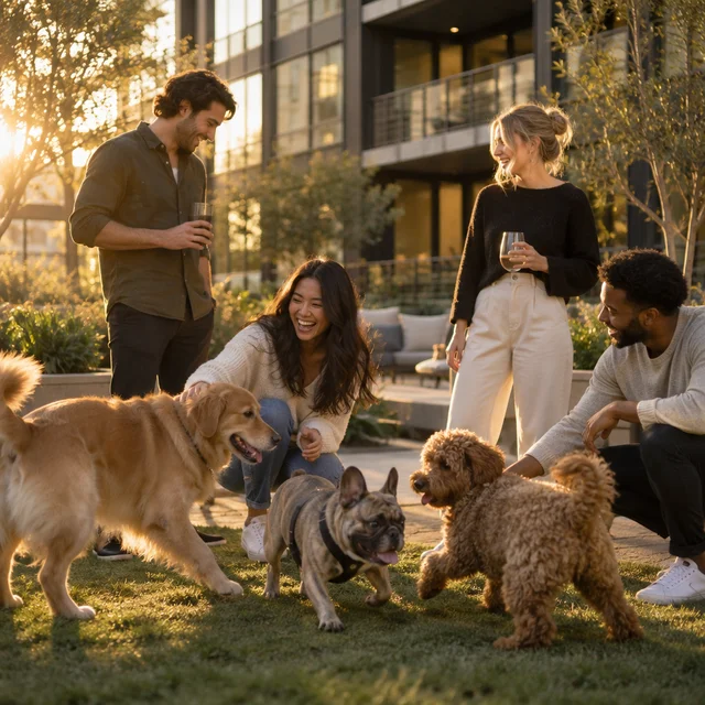 Neighbors and their dogs at a courtyard dog social