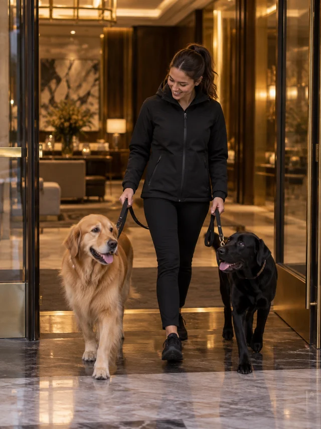 A dog walker leaving an apartment lobby with two dogs