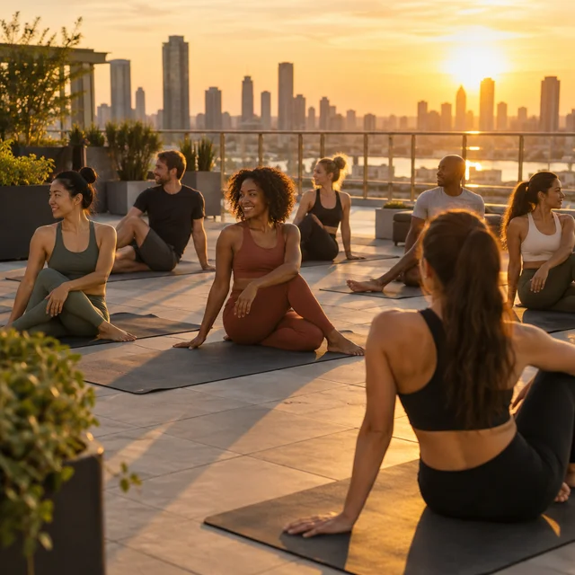 A rooftop yoga class at sunset